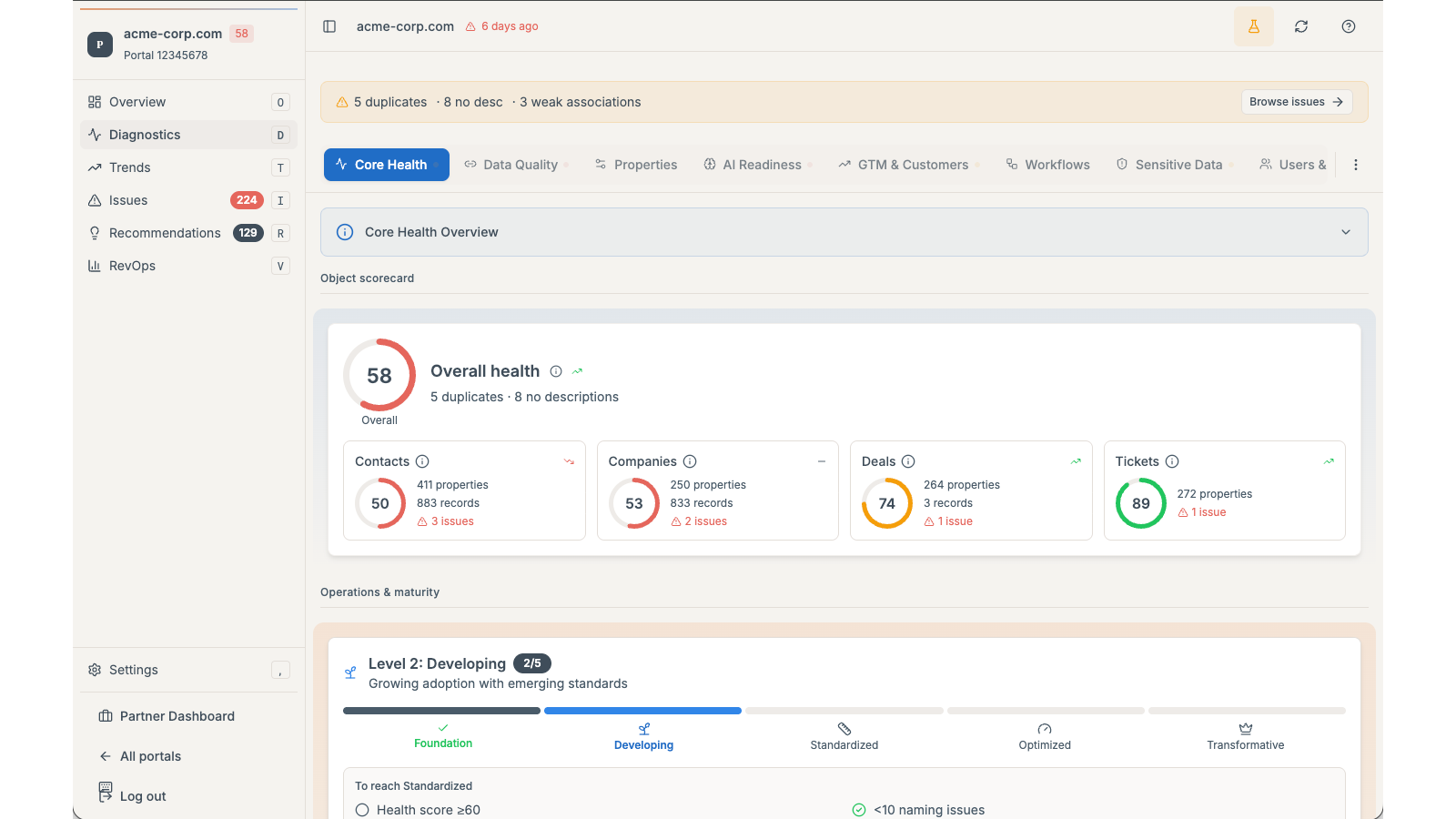 PortalPilot diagnostics showing detailed health checks and scores for a HubSpot portal.