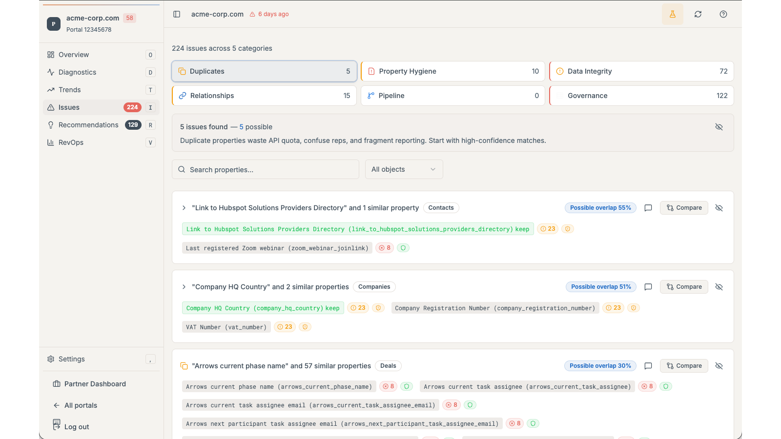 PortalPilot issues view listing CRM problems with severity, affected objects, and supporting evidence.