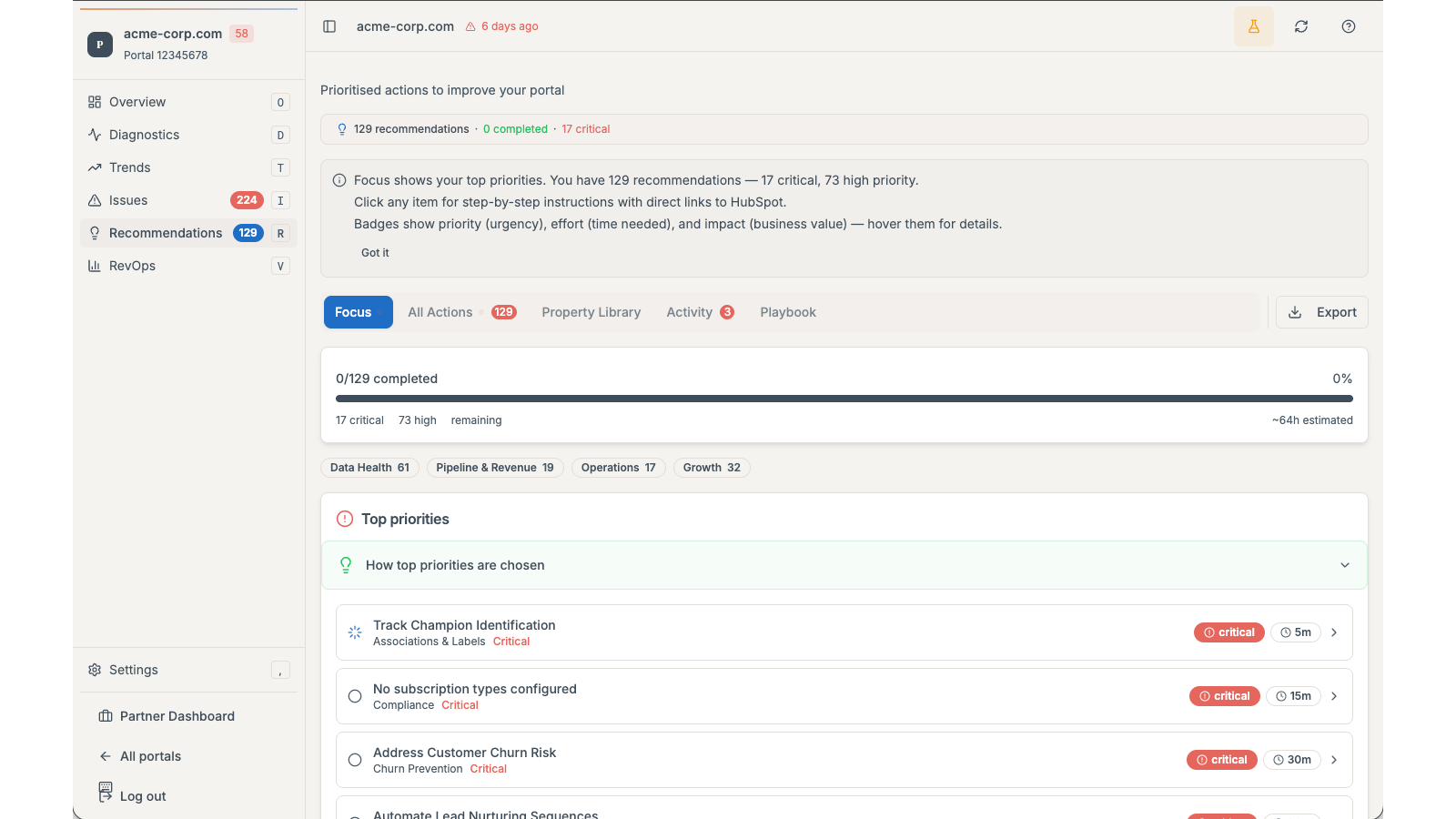 PortalPilot recommendations ranked by impact and effort with clear actions for improving HubSpot portal health.