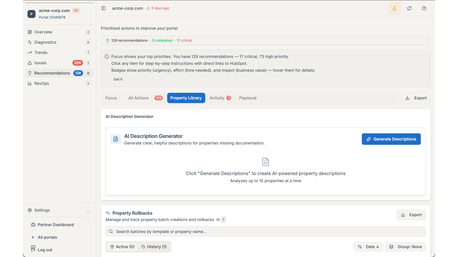 PortalPilot property library showing reusable CRM property templates and actions for creating missing fields.